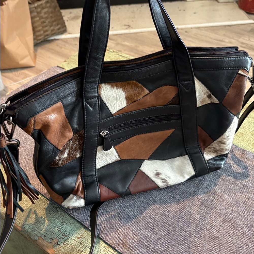 Leather Patchwork Cowhide Satchel Bag Tassel Cros… - image 6